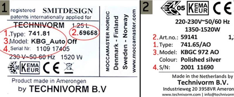 Produktetikett med typ, modell, artikelnummer och serienummer